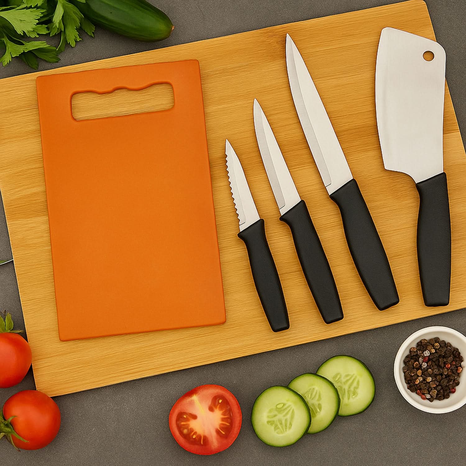 CutMaster Pro – Stainless Steel Knife Set (5-Piece) with Plastic Chopping Board | Kitchen Cutting Tools for Fruits, Vegetables & Meat.
