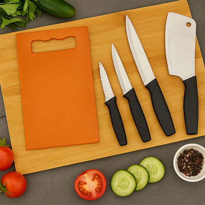 CutMaster Pro – Stainless Steel Knife Set (5-Piece) with Plastic Chopping Board | Kitchen Cutting Tools for Fruits, Vegetables & Meat.