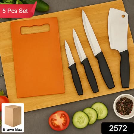 CutMaster Pro – Stainless Steel Knife Set (5-Piece) with Plastic Chopping Board | Kitchen Cutting Tools for Fruits, Vegetables & Meat.