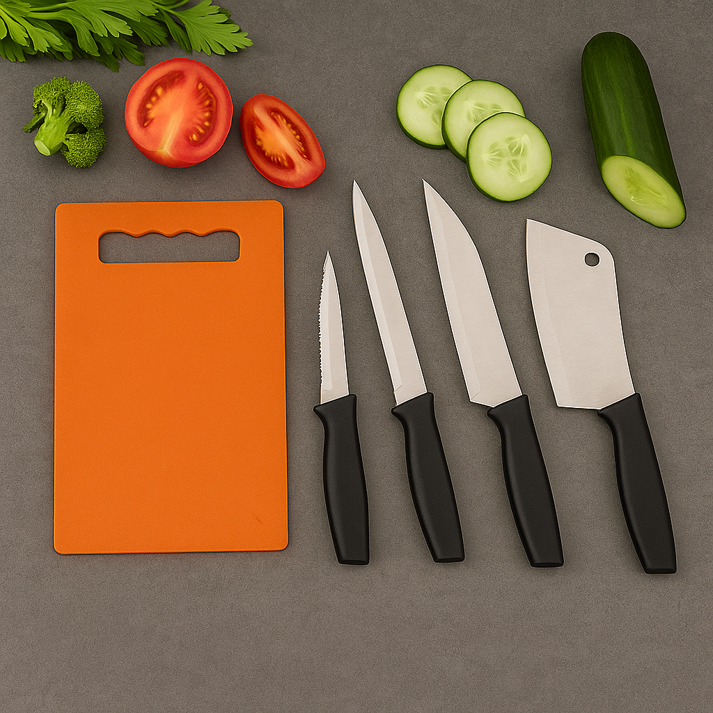 CutMaster Pro – Stainless Steel Knife Set (5-Piece) with Plastic Chopping Board | Kitchen Cutting Tools for Fruits, Vegetables & Meat.